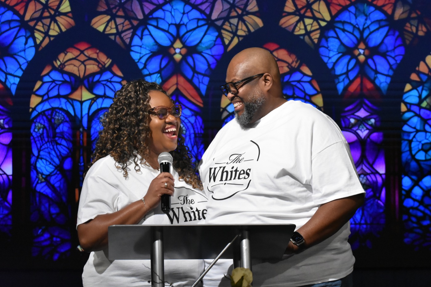 Bishop Aubrey L. White and Lady Tamika White smiling together at Victory Life